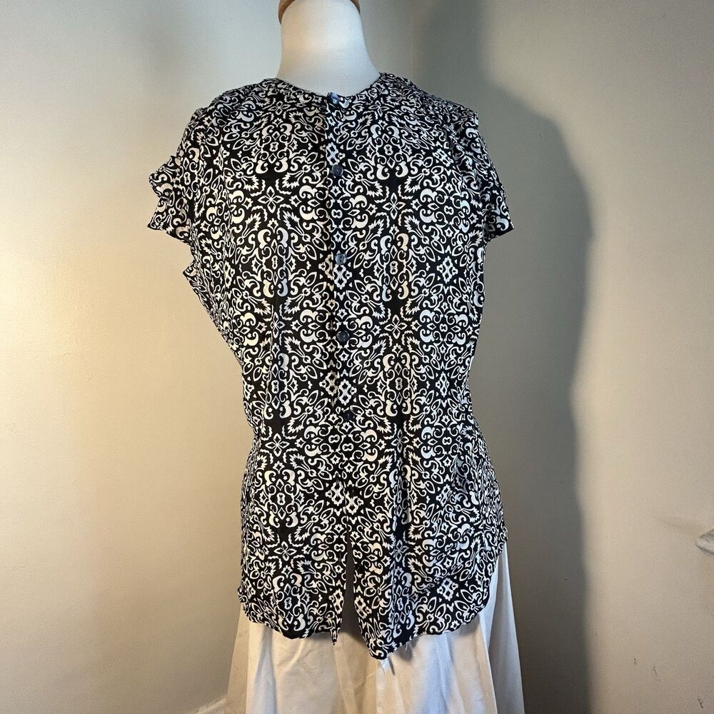 Banana Republic Black & White XL  Floral Silk & Cotton Shirt Cap Sleeve Baroque